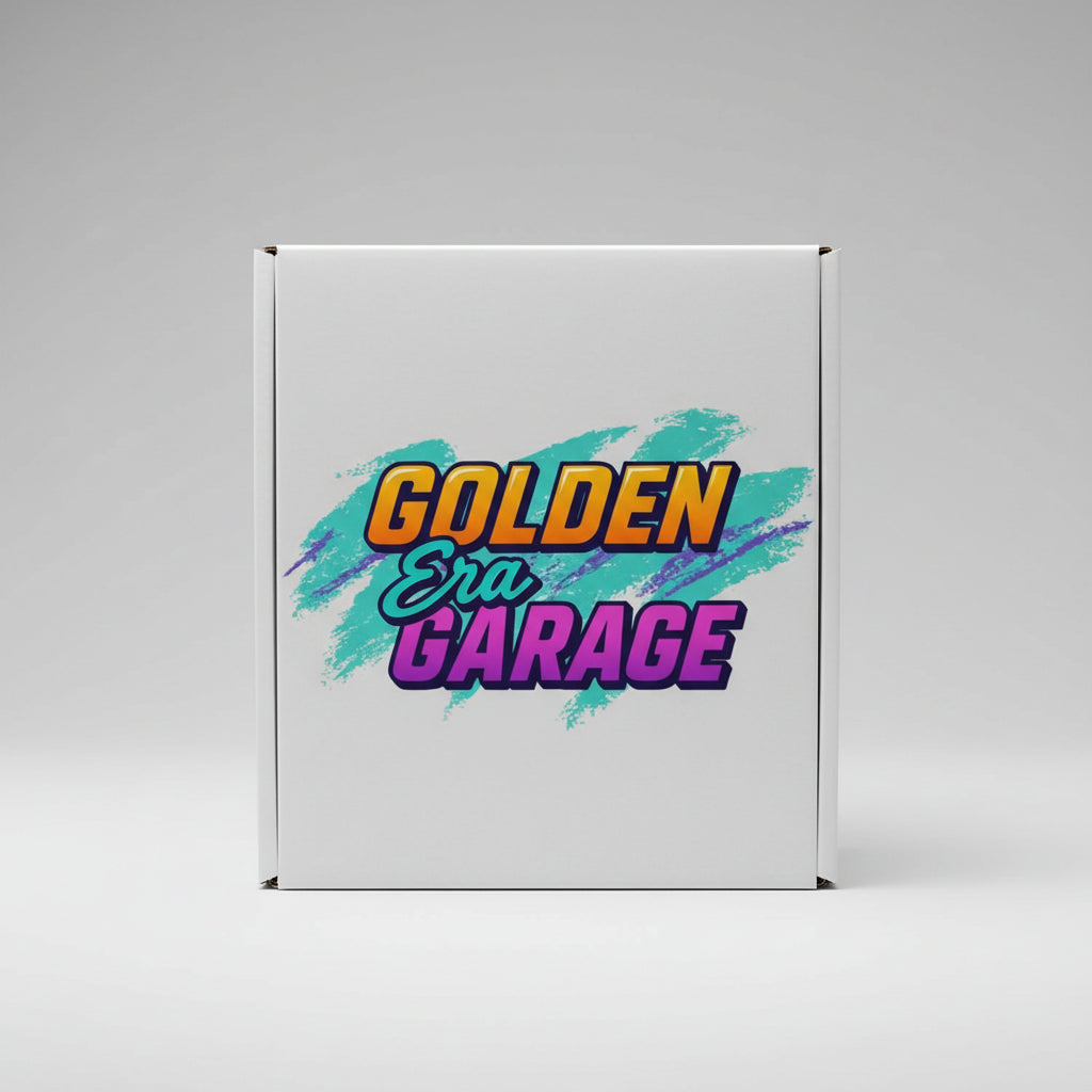 Colorful logo for 'Golden Era Garage' with a retro design on a white background